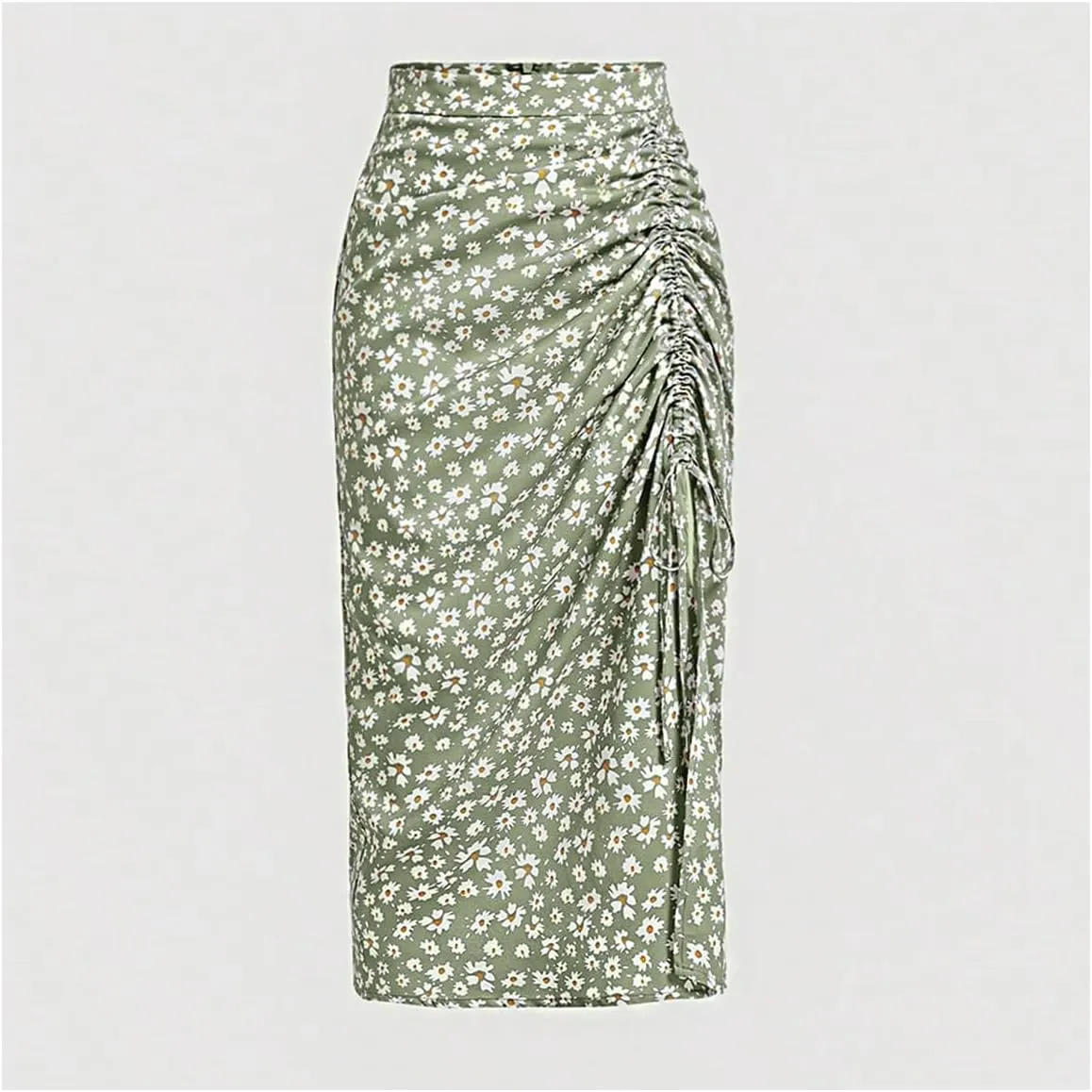 Verdusa Women's Ditsy Floral Print Ruched Skirt Split Thigh Casual Long Skirts