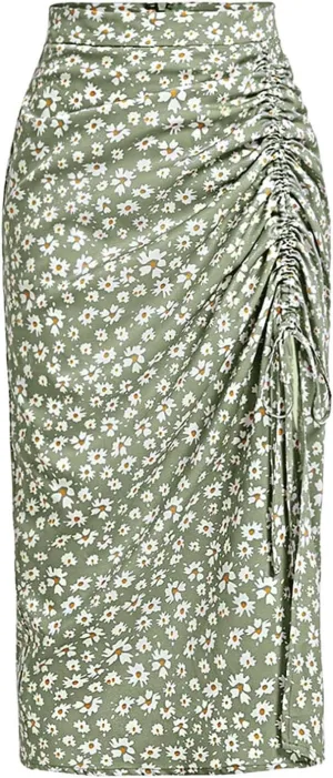 Verdusa Women's Ditsy Floral Print Ruched Skirt Split Thigh Casual Long Skirts