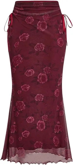 Verdusa Women's Floral Bow Tied Mesh Long Skirt Ruched Drawstring Fishtail Bodycon Skirts