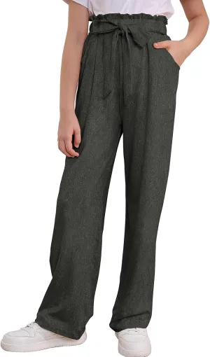 Vieille Girls Wide Leg Pants with Bow Belt High Waisted All-Match Casual Trousers with Pockets 7-14 Years