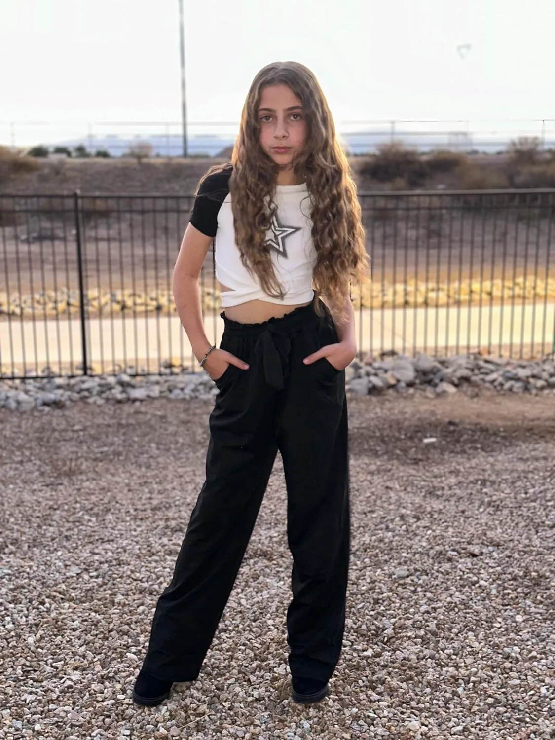 Vieille Girls Wide Leg Pants with Bow Belt High Waisted All-Match Casual Trousers with Pockets 7-14 Years