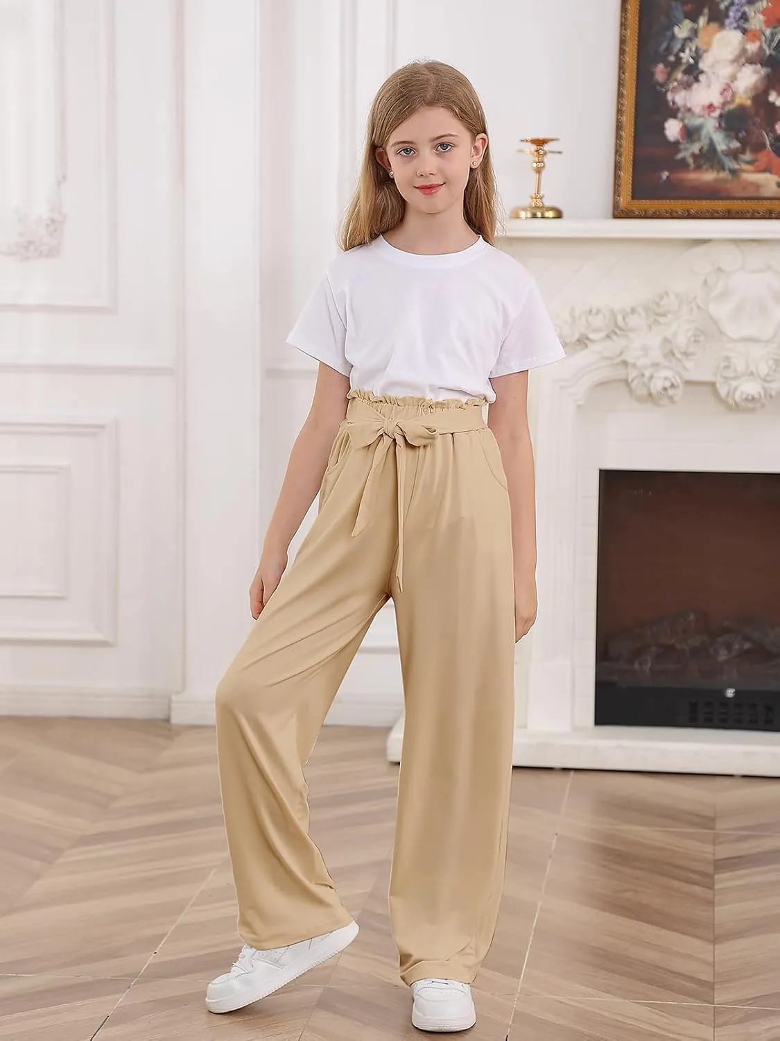 Vieille Girls Wide Leg Pants with Bow Belt High Waisted All-Match Casual Trousers with Pockets 7-14 Years