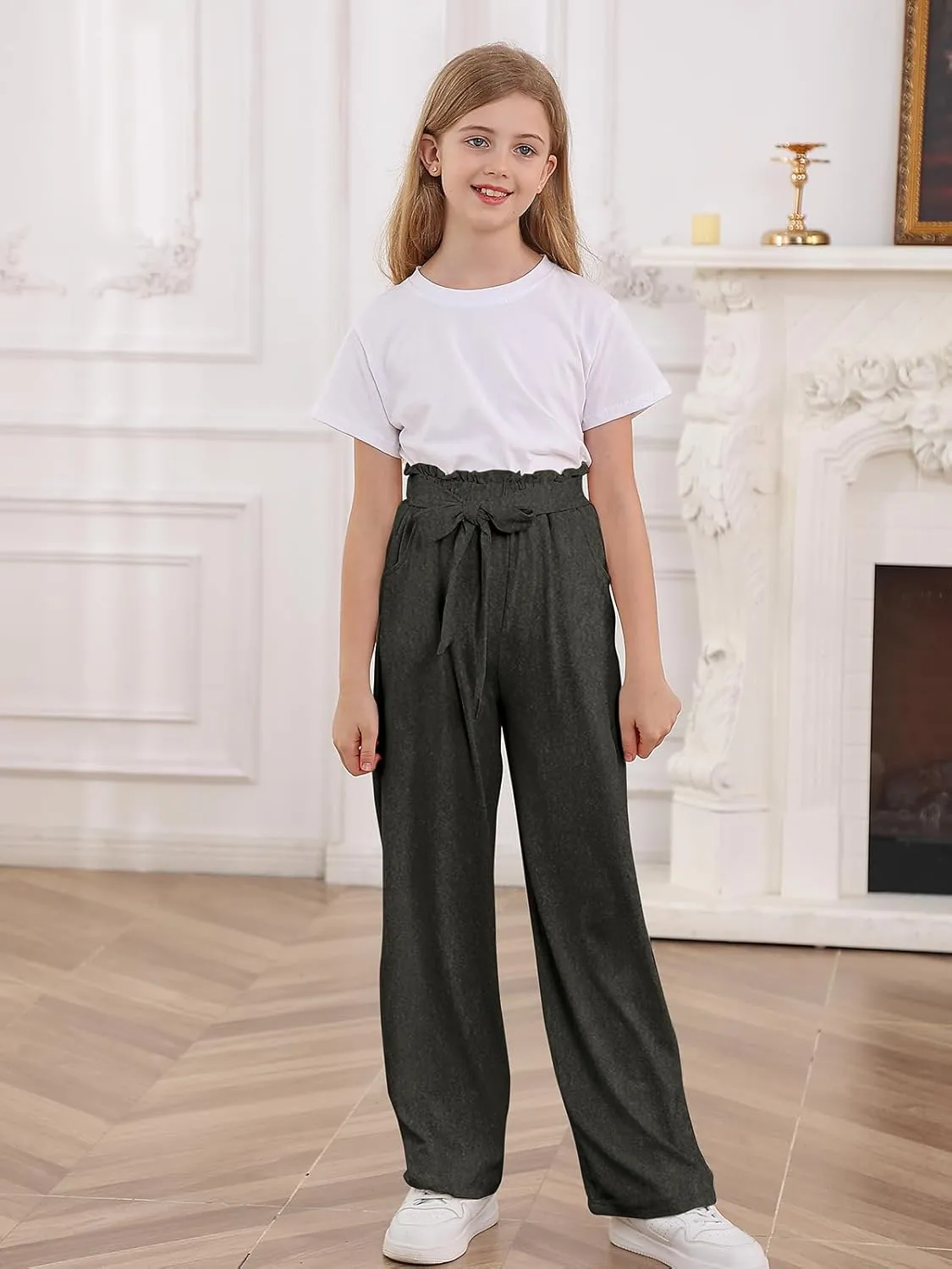Vieille Girls Wide Leg Pants with Bow Belt High Waisted All-Match Casual Trousers with Pockets 7-14 Years