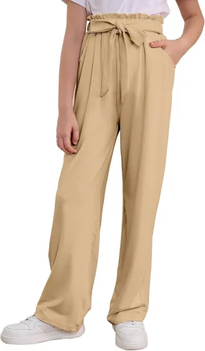 Vieille Girls Wide Leg Pants with Bow Belt High Waisted All-Match Casual Trousers with Pockets 7-14 Years