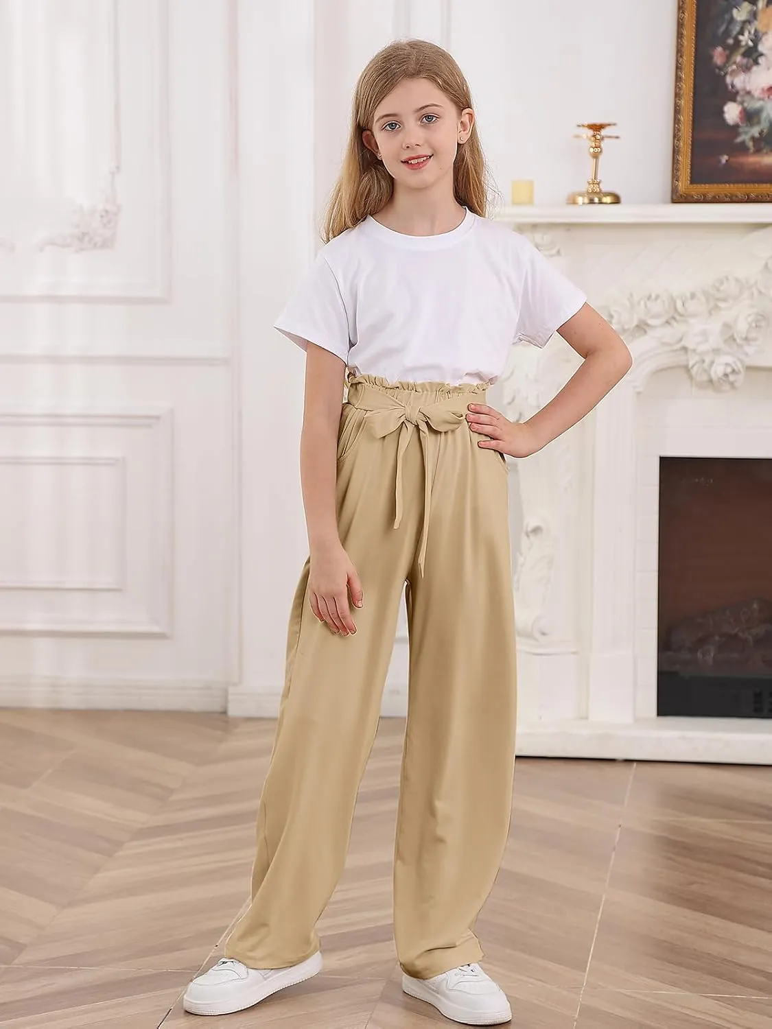 Vieille Girls Wide Leg Pants with Bow Belt High Waisted All-Match Casual Trousers with Pockets 7-14 Years