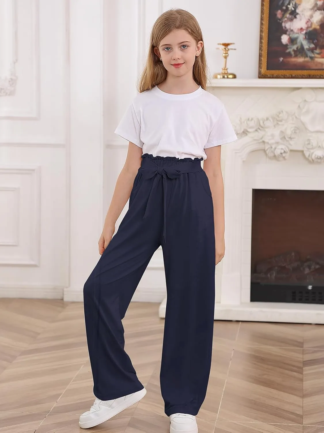 Vieille Girls Wide Leg Pants with Bow Belt High Waisted All-Match Casual Trousers with Pockets 7-14 Years