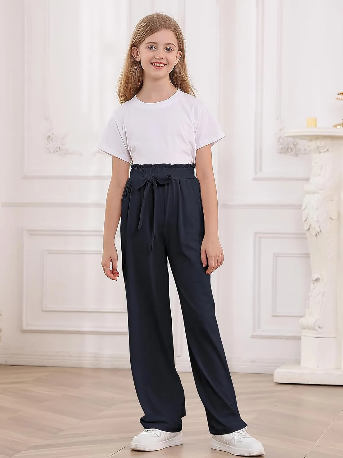 Vieille Girls Wide Leg Pants with Bow Belt High Waisted All-Match Casual Trousers with Pockets 7-14 Years