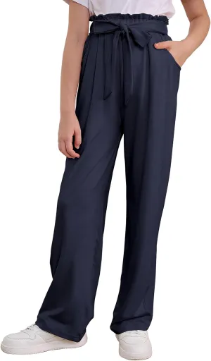 Vieille Girls Wide Leg Pants with Bow Belt High Waisted All-Match Casual Trousers with Pockets 7-14 Years