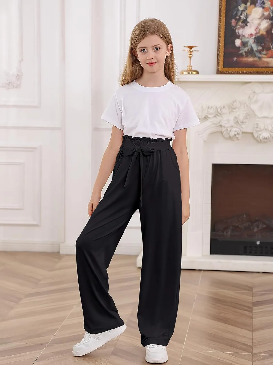 Vieille Girls Wide Leg Pants with Bow Belt High Waisted All-Match Casual Trousers with Pockets 7-14 Years