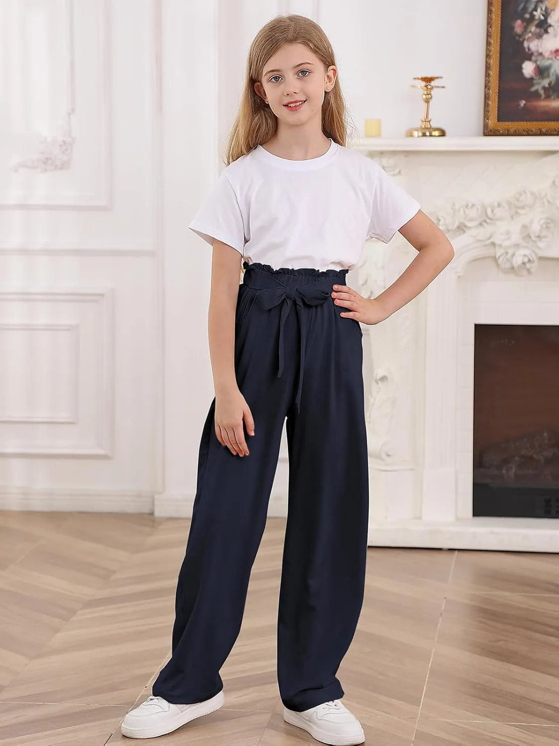 Vieille Girls Wide Leg Pants with Bow Belt High Waisted All-Match Casual Trousers with Pockets 7-14 Years