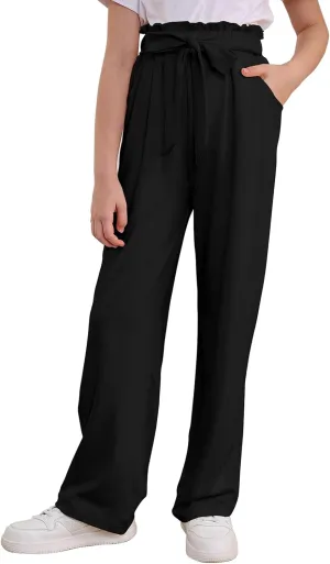 Vieille Girls Wide Leg Pants with Bow Belt High Waisted All-Match Casual Trousers with Pockets 7-14 Years