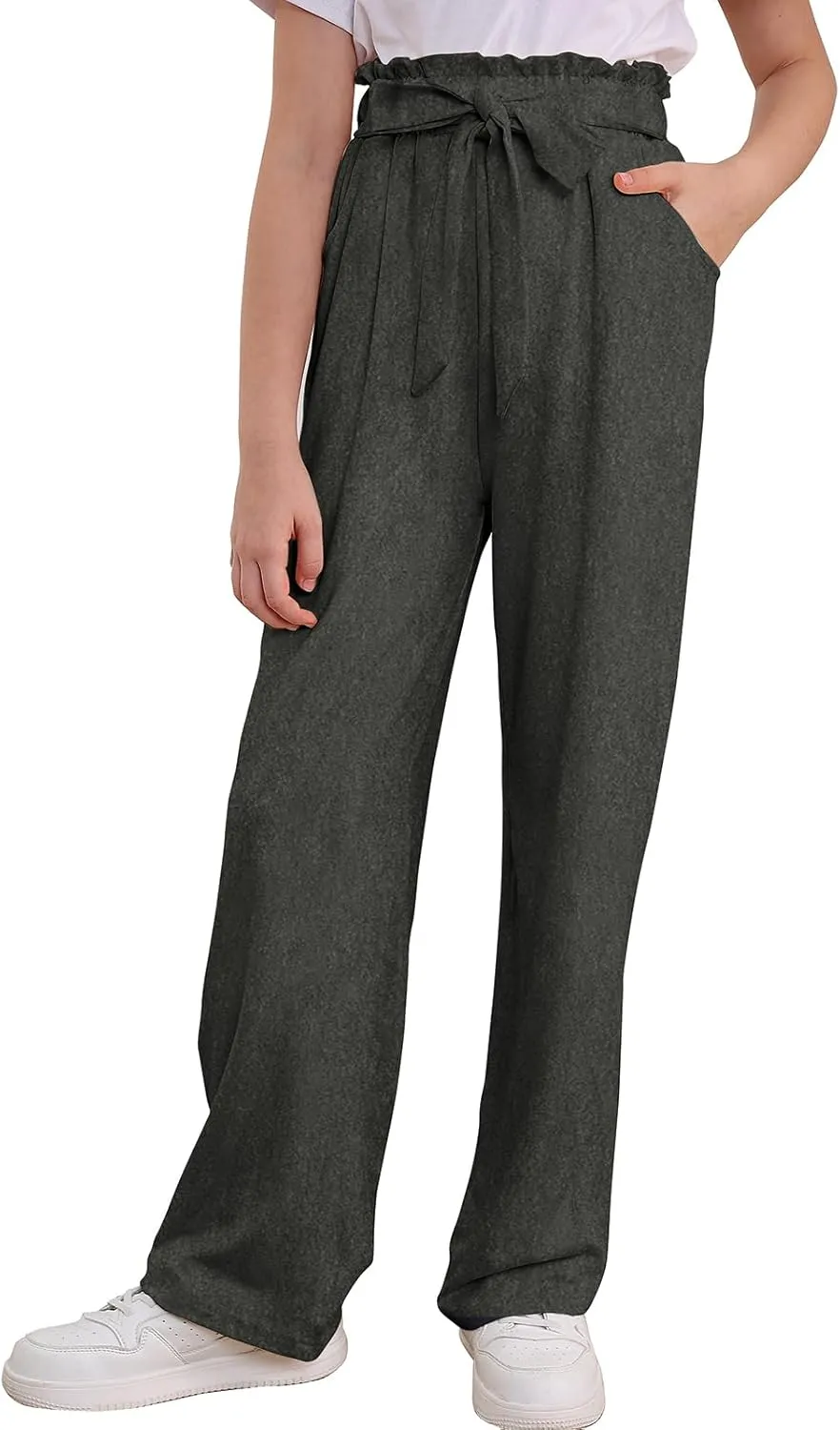 Vieille Girls Wide Leg Pants with Bow Belt High Waisted All-Match Casual Trousers with Pockets 7-14 Years