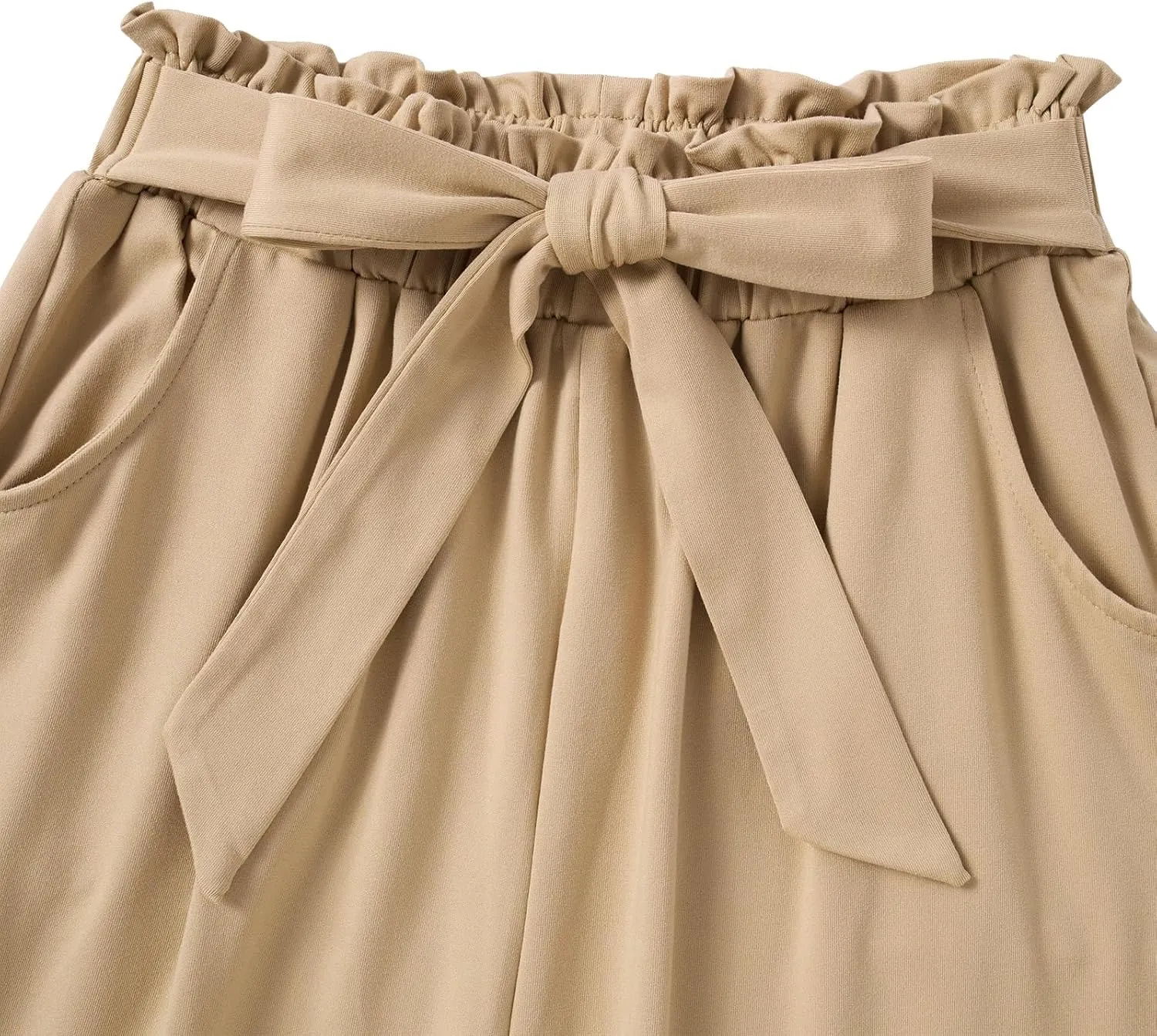 Vieille Girls Wide Leg Pants with Bow Belt High Waisted All-Match Casual Trousers with Pockets 7-14 Years