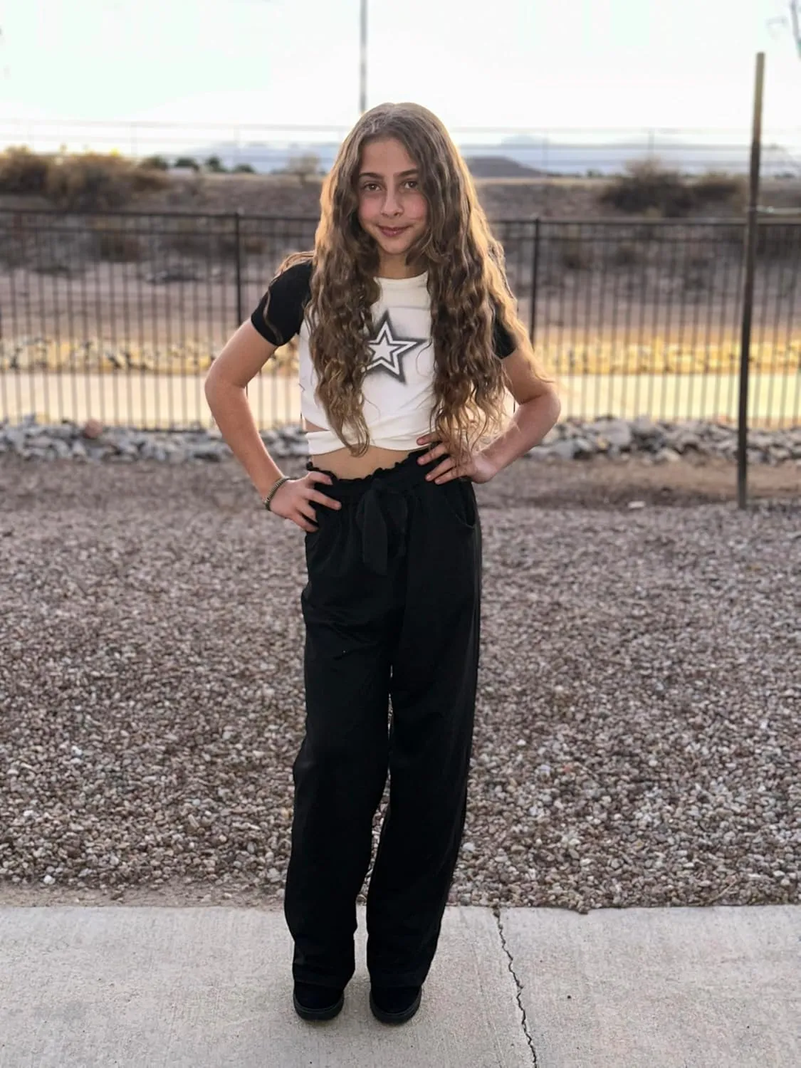 Vieille Girls Wide Leg Pants with Bow Belt High Waisted All-Match Casual Trousers with Pockets 7-14 Years