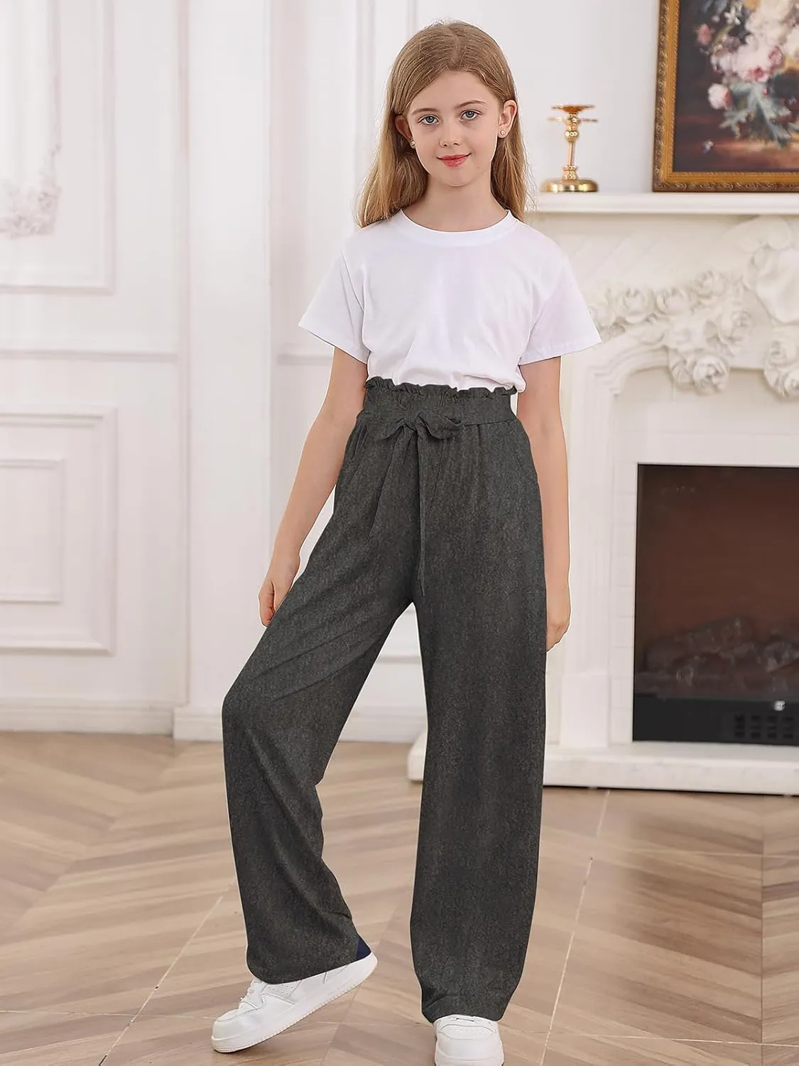 Vieille Girls Wide Leg Pants with Bow Belt High Waisted All-Match Casual Trousers with Pockets 7-14 Years