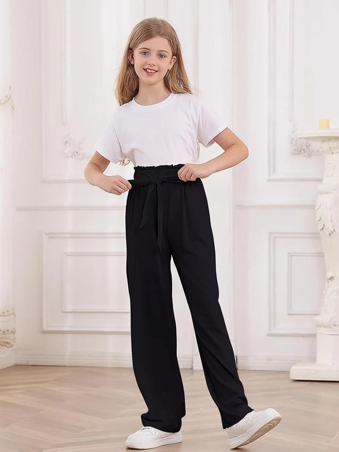 Vieille Girls Wide Leg Pants with Bow Belt High Waisted All-Match Casual Trousers with Pockets 7-14 Years