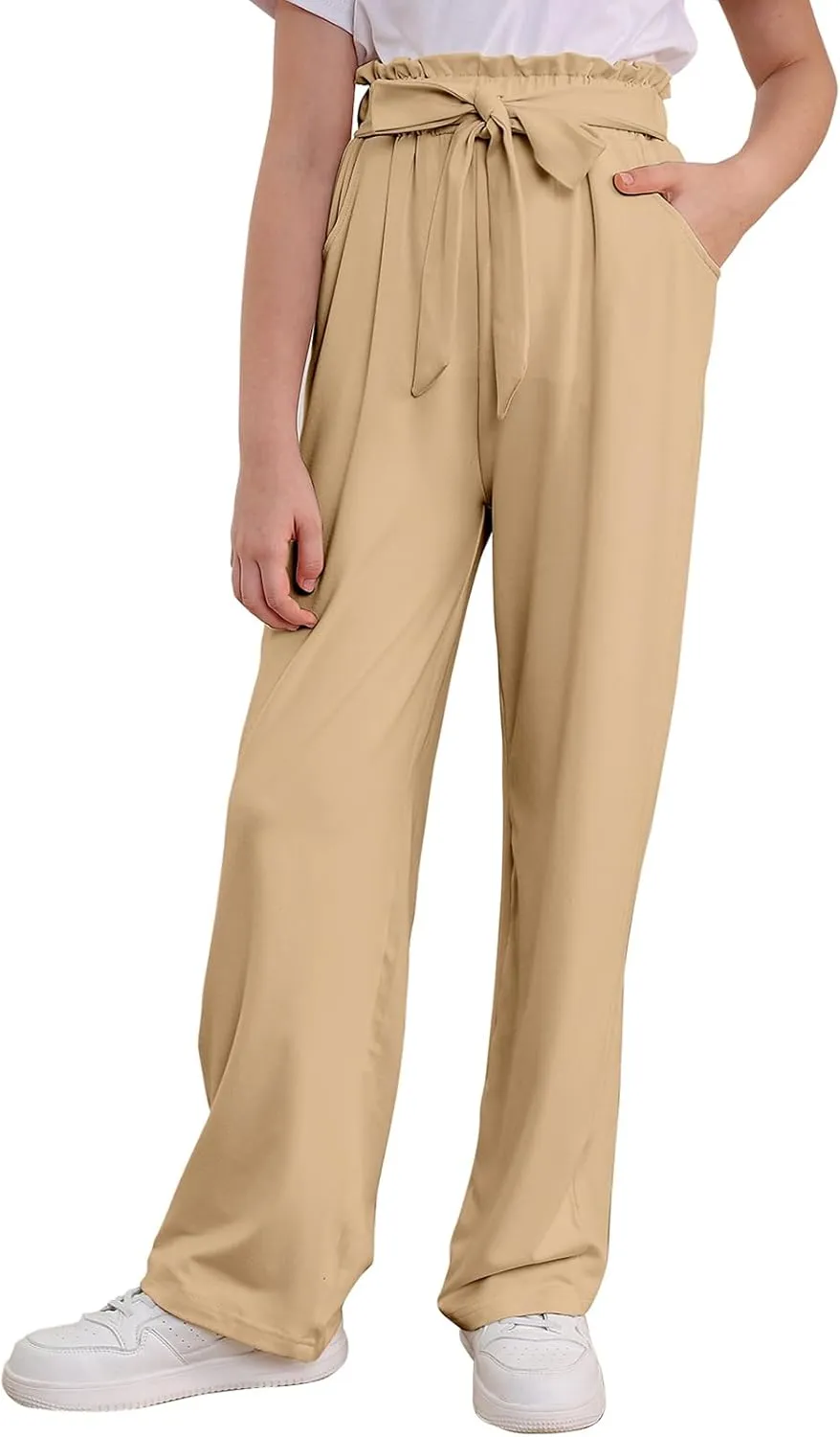 Vieille Girls Wide Leg Pants with Bow Belt High Waisted All-Match Casual Trousers with Pockets 7-14 Years