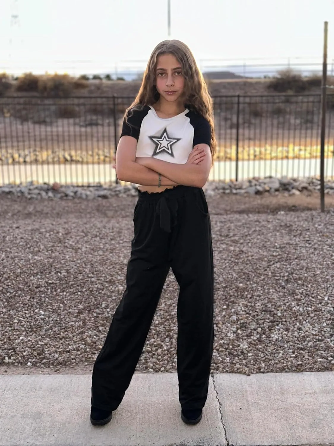 Vieille Girls Wide Leg Pants with Bow Belt High Waisted All-Match Casual Trousers with Pockets 7-14 Years