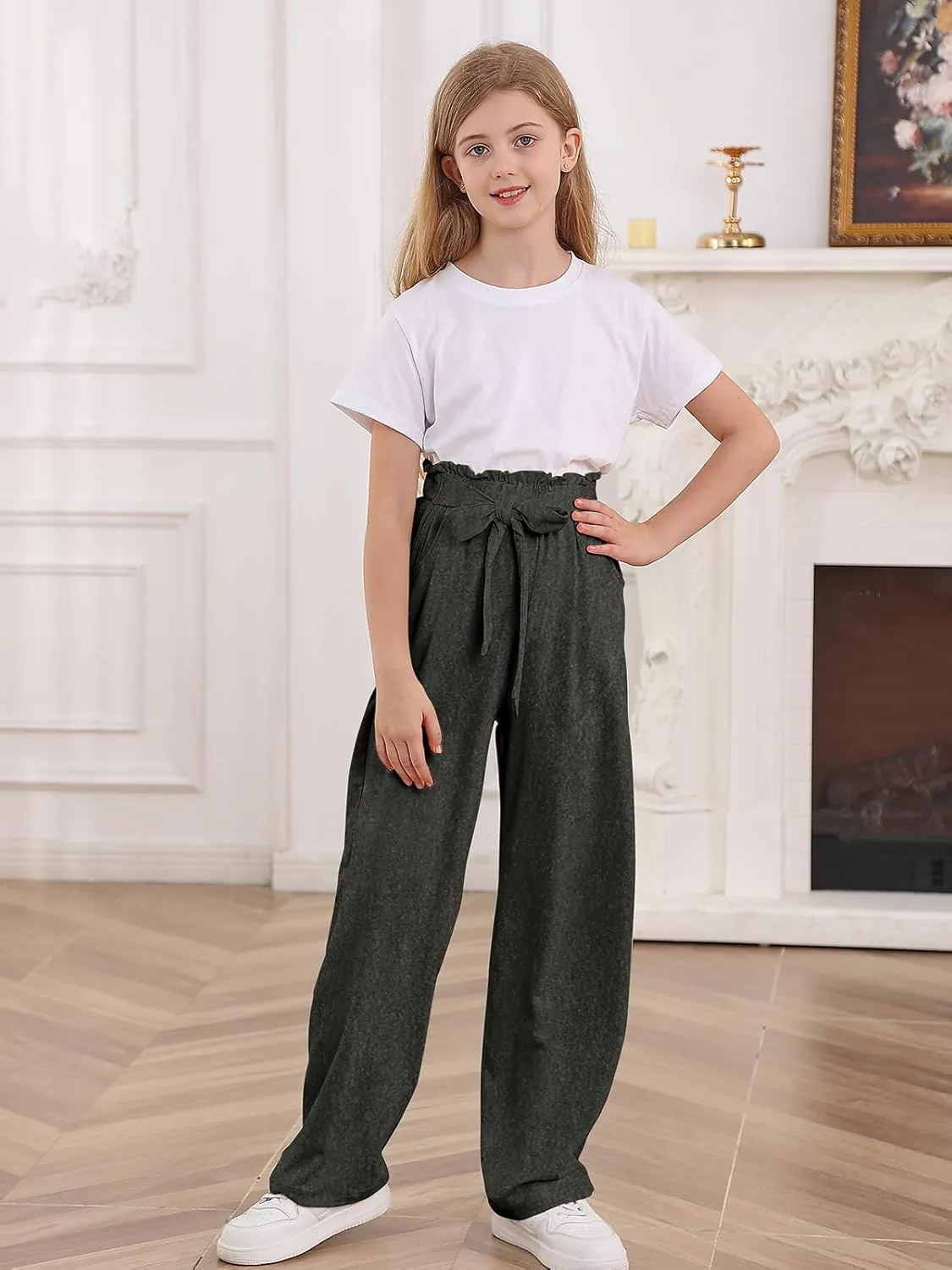 Vieille Girls Wide Leg Pants with Bow Belt High Waisted All-Match Casual Trousers with Pockets 7-14 Years