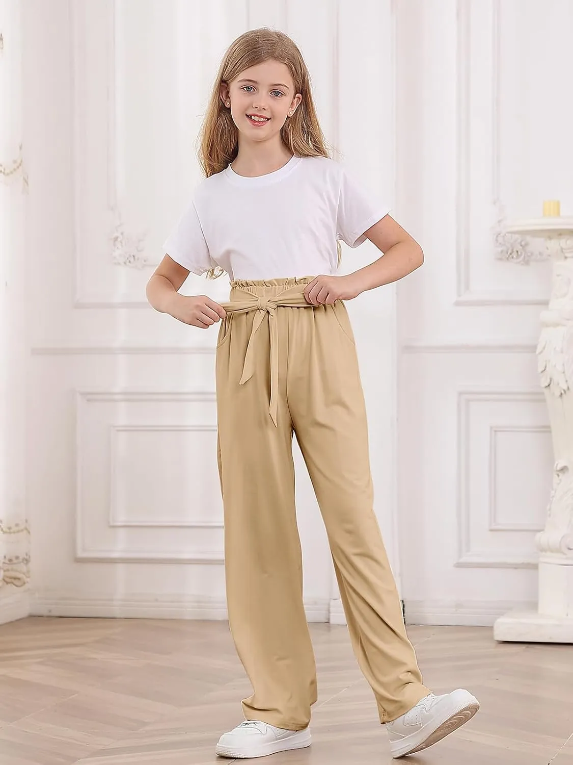 Vieille Girls Wide Leg Pants with Bow Belt High Waisted All-Match Casual Trousers with Pockets 7-14 Years