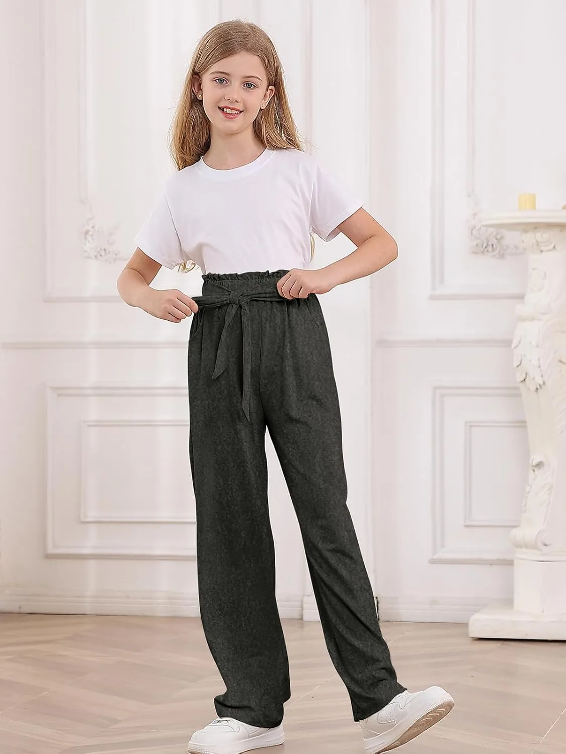 Vieille Girls Wide Leg Pants with Bow Belt High Waisted All-Match Casual Trousers with Pockets 7-14 Years