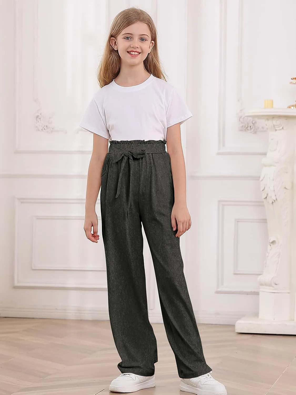 Vieille Girls Wide Leg Pants with Bow Belt High Waisted All-Match Casual Trousers with Pockets 7-14 Years