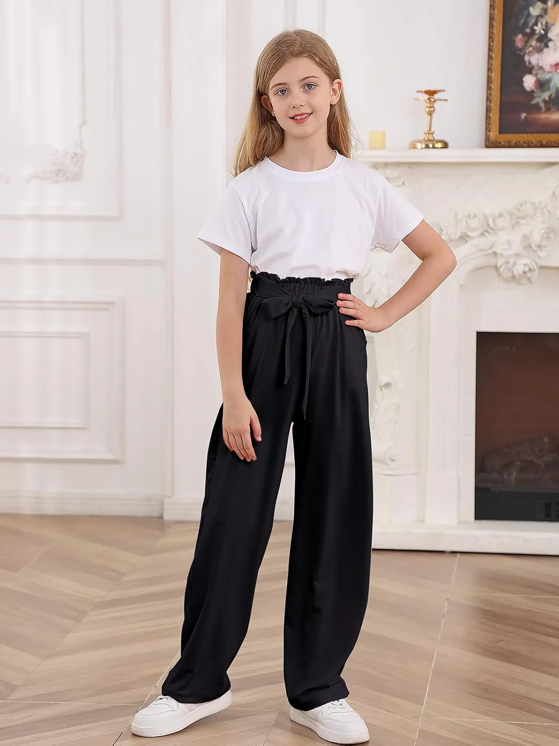 Vieille Girls Wide Leg Pants with Bow Belt High Waisted All-Match Casual Trousers with Pockets 7-14 Years