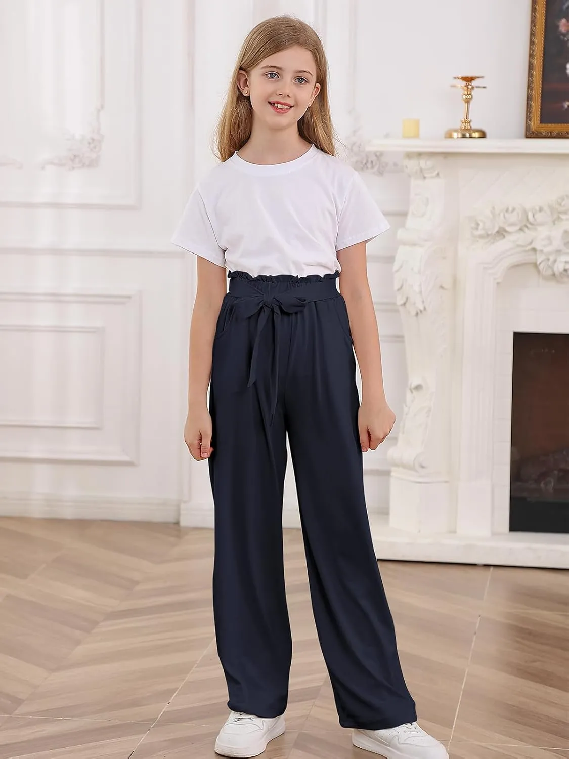 Vieille Girls Wide Leg Pants with Bow Belt High Waisted All-Match Casual Trousers with Pockets 7-14 Years