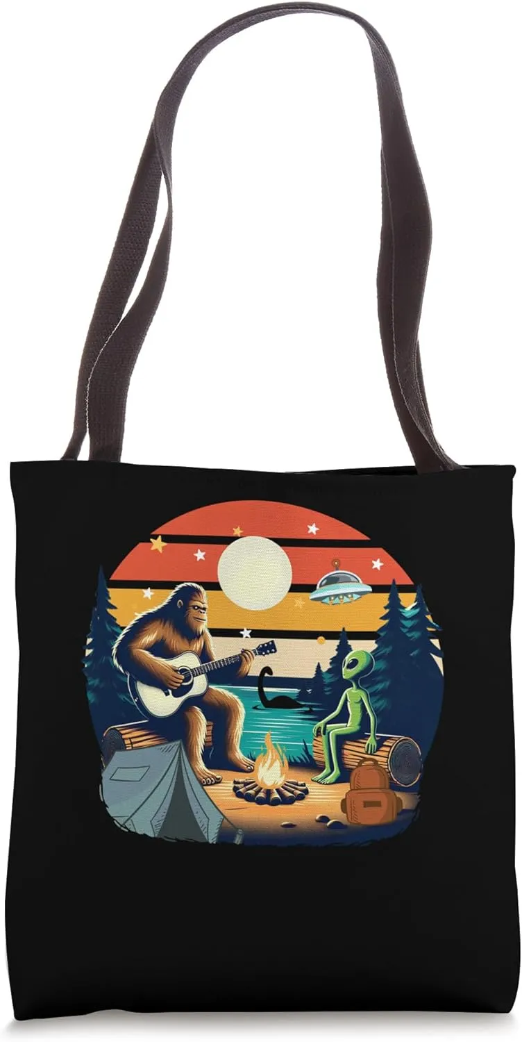 Vintage Bigfoot Guitarist Camping Unidentified Flying Object Tote Bag
