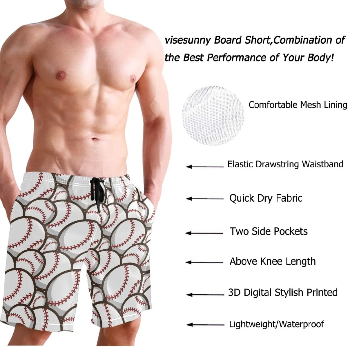 visesunny Fashion Funny Style Men's Beach Shorts Swim Trunks Quick Dry Casual Polyester Swim Shorts with Pockets S-XXL