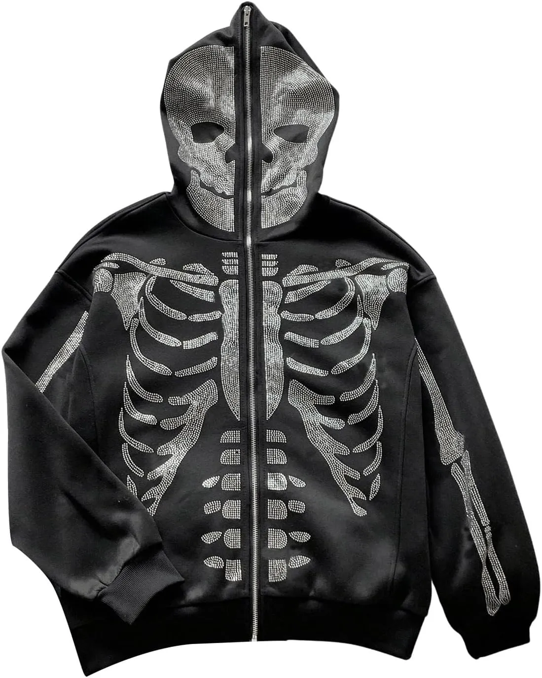 WDIRARA Women's Skeleton Graphic Glitter Oversized Hoodie Full Zip Up Long Sleeve Gothic Sweatshirt