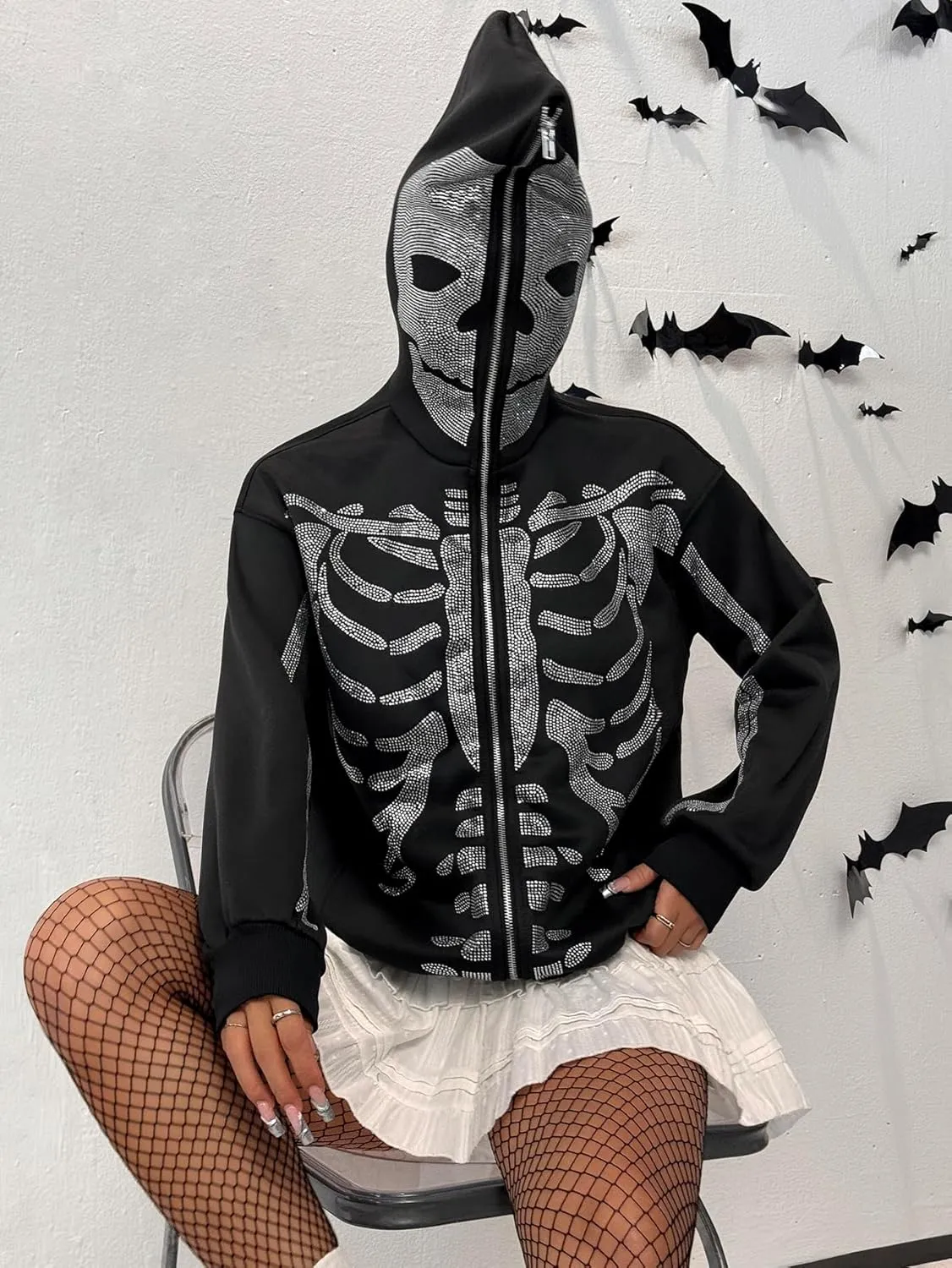 WDIRARA Women's Skeleton Graphic Glitter Oversized Hoodie Full Zip Up Long Sleeve Gothic Sweatshirt