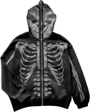 WDIRARA Women's Skeleton Graphic Glitter Oversized Hoodie Full Zip Up Long Sleeve Gothic Sweatshirt