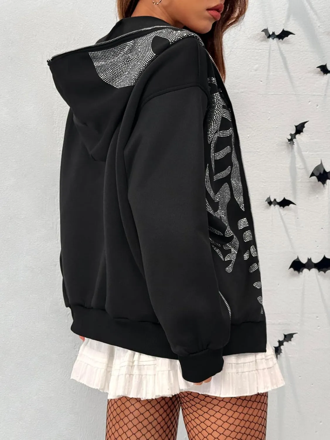 WDIRARA Women's Skeleton Graphic Glitter Oversized Hoodie Full Zip Up Long Sleeve Gothic Sweatshirt