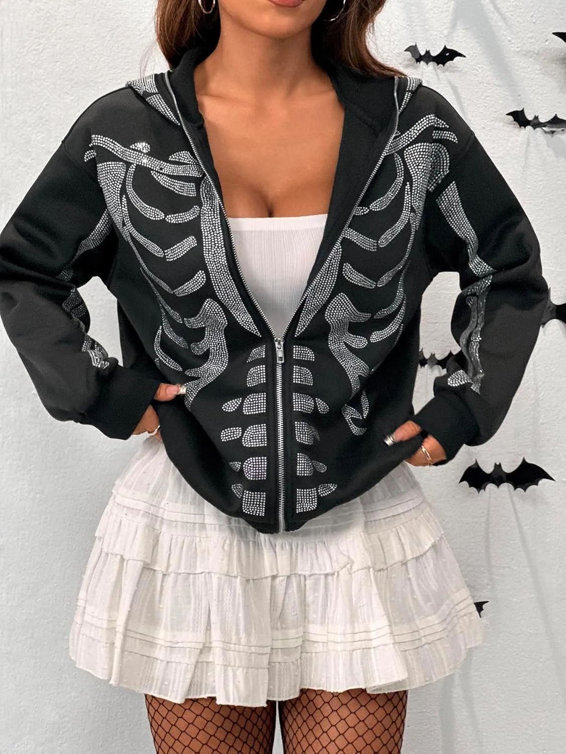 WDIRARA Women's Skeleton Graphic Glitter Oversized Hoodie Full Zip Up Long Sleeve Gothic Sweatshirt