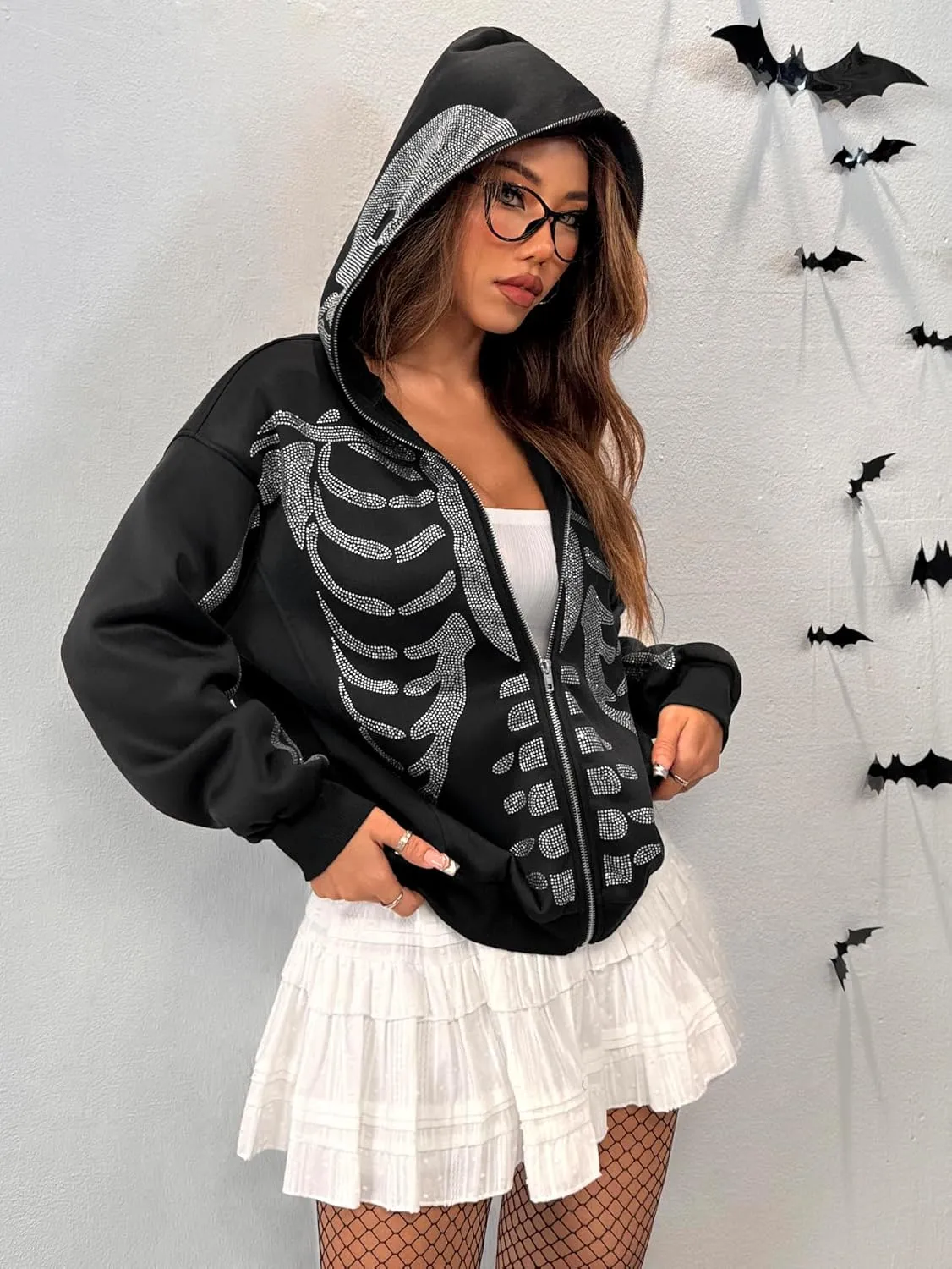 WDIRARA Women's Skeleton Graphic Glitter Oversized Hoodie Full Zip Up Long Sleeve Gothic Sweatshirt