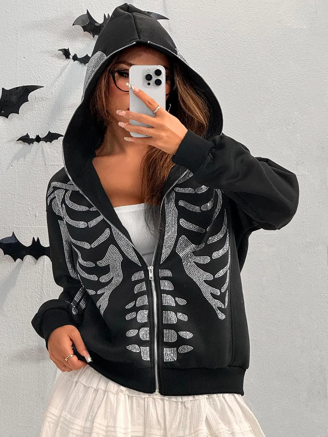 WDIRARA Women's Skeleton Graphic Glitter Oversized Hoodie Full Zip Up Long Sleeve Gothic Sweatshirt
