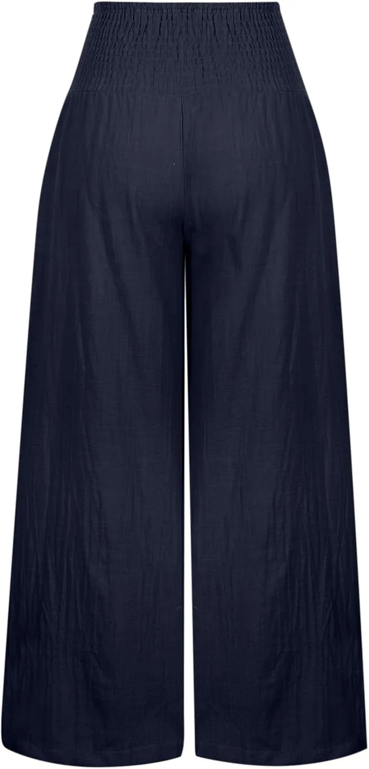 Wide Leg Pants Women Summer Casual Drawstring High Waist Cotton Linen Trousers Resort Wear Beach Trendy Palazzo Pant