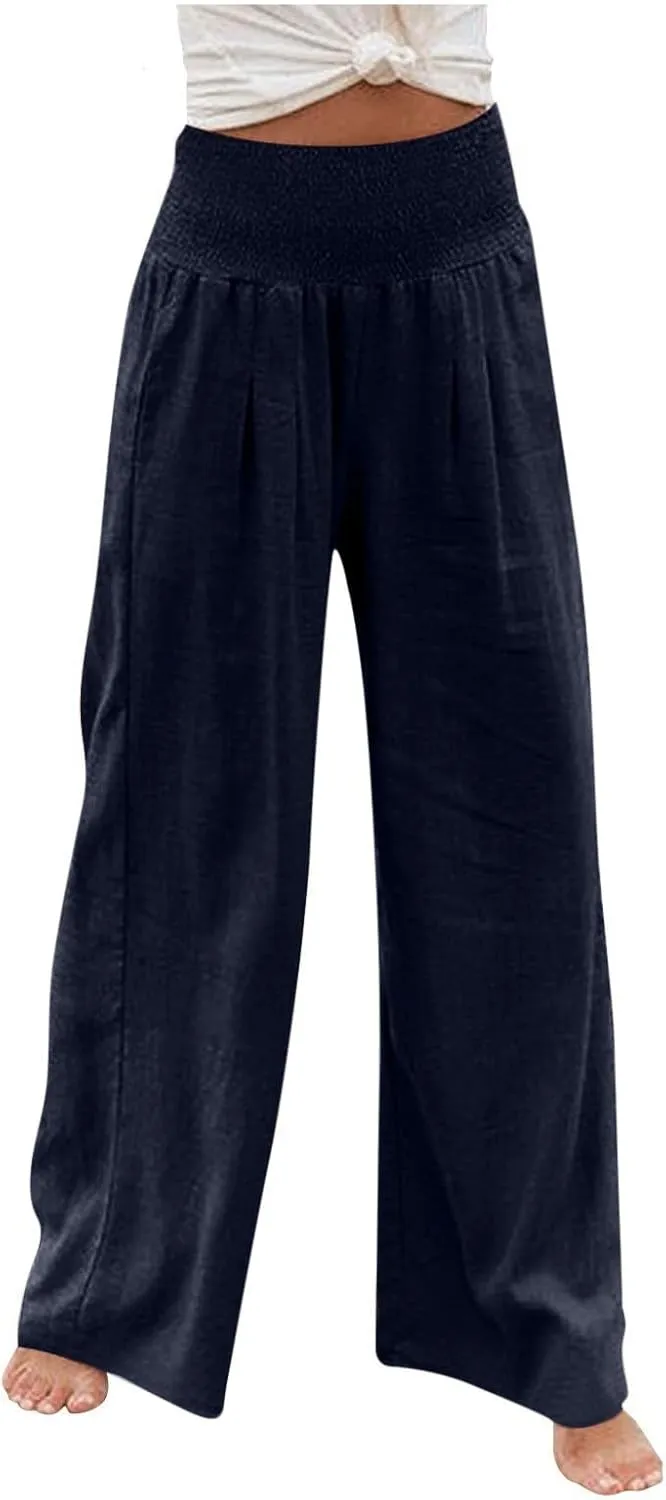 Wide Leg Pants Women Summer Casual Drawstring High Waist Cotton Linen Trousers Resort Wear Beach Trendy Palazzo Pant