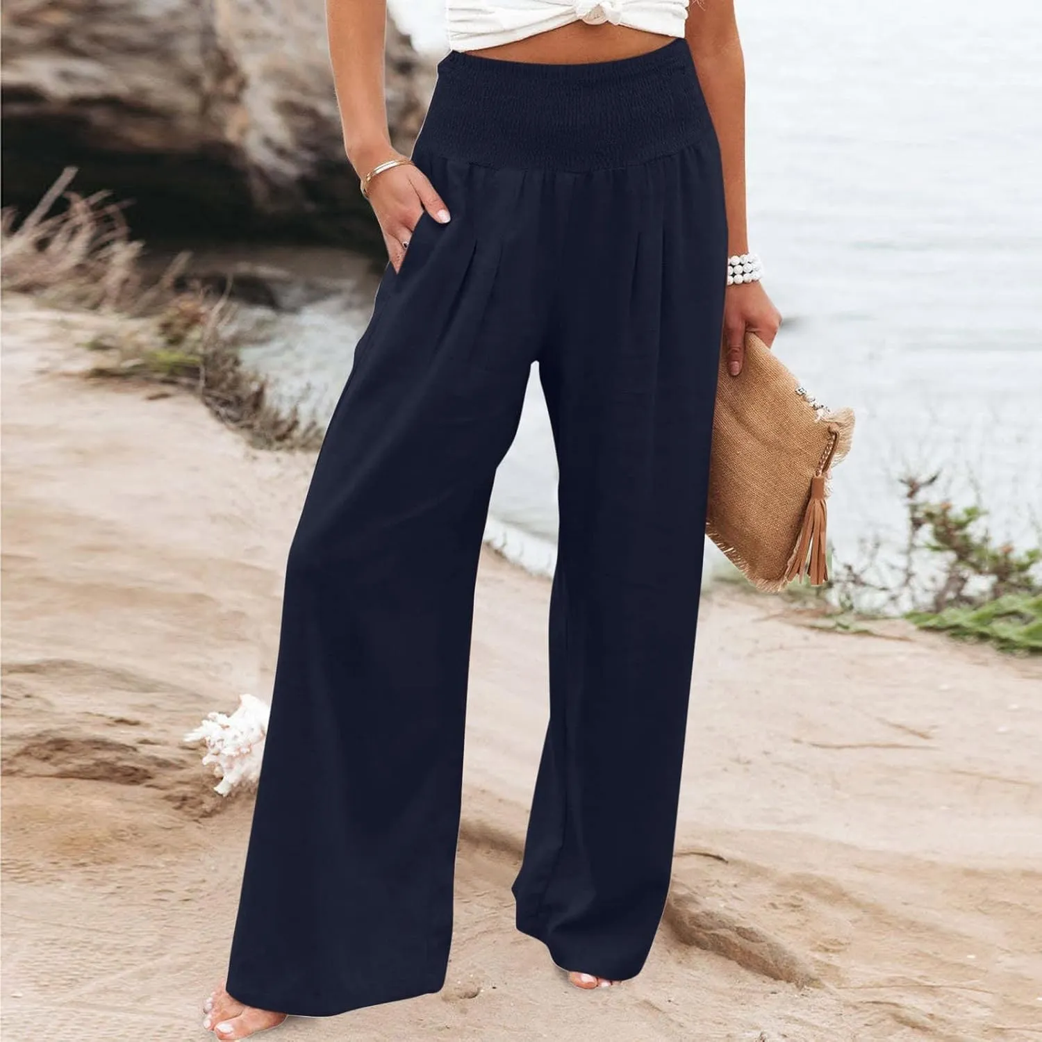 Wide Leg Pants Women Summer Casual Drawstring High Waist Cotton Linen Trousers Resort Wear Beach Trendy Palazzo Pant