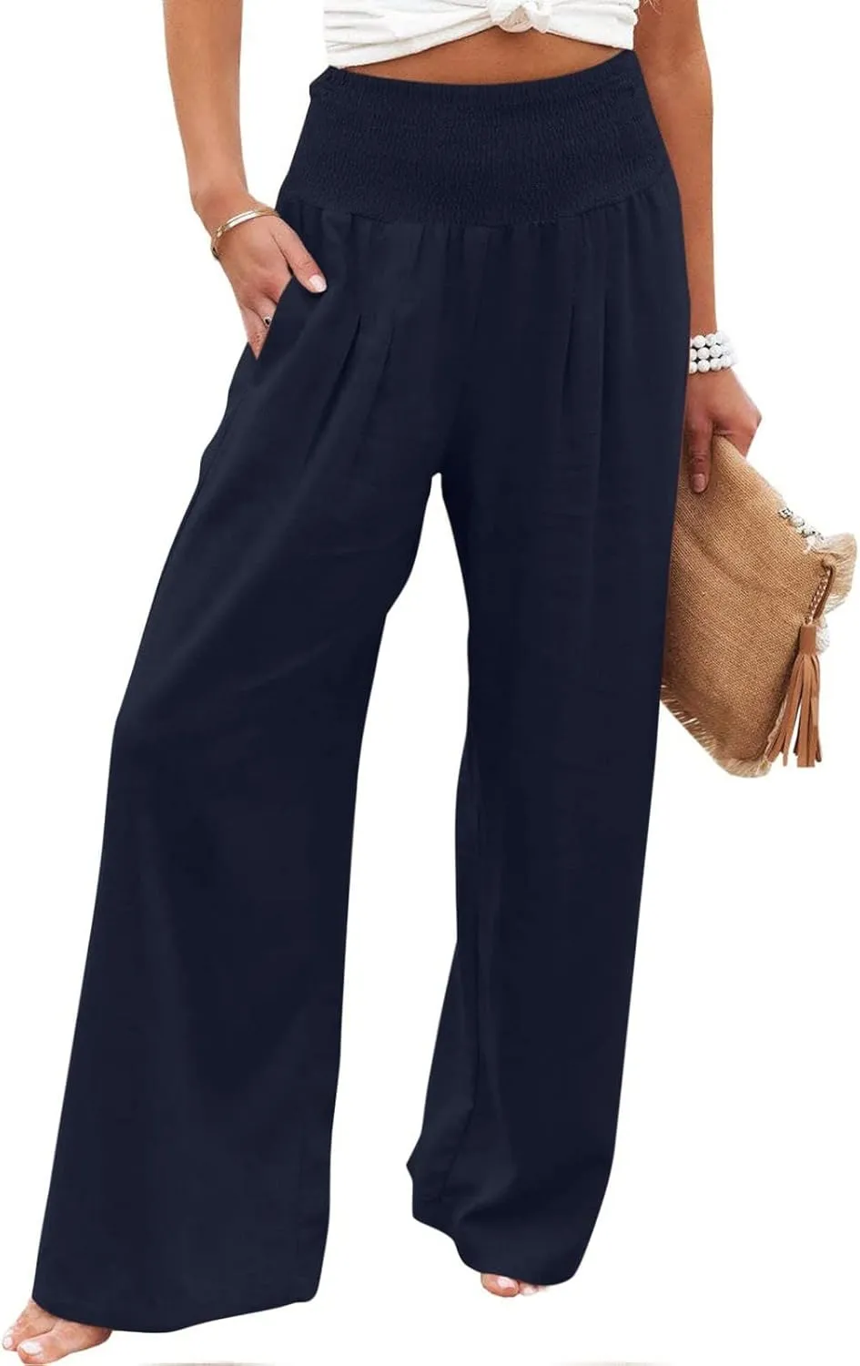Wide Leg Pants Women Summer Casual Drawstring High Waist Cotton Linen Trousers Resort Wear Beach Trendy Palazzo Pant