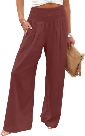 Wide Leg Pants Women Summer Casual Drawstring High Waist Cotton Linen Trousers Resort Wear Beach Trendy Palazzo Pant