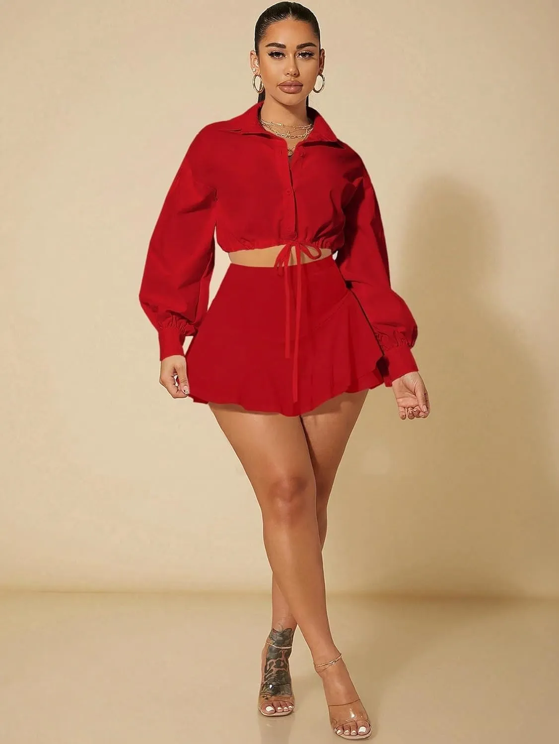 Women 2025 Summer Casual Shorts Solid Color Ruffle Hem Skort