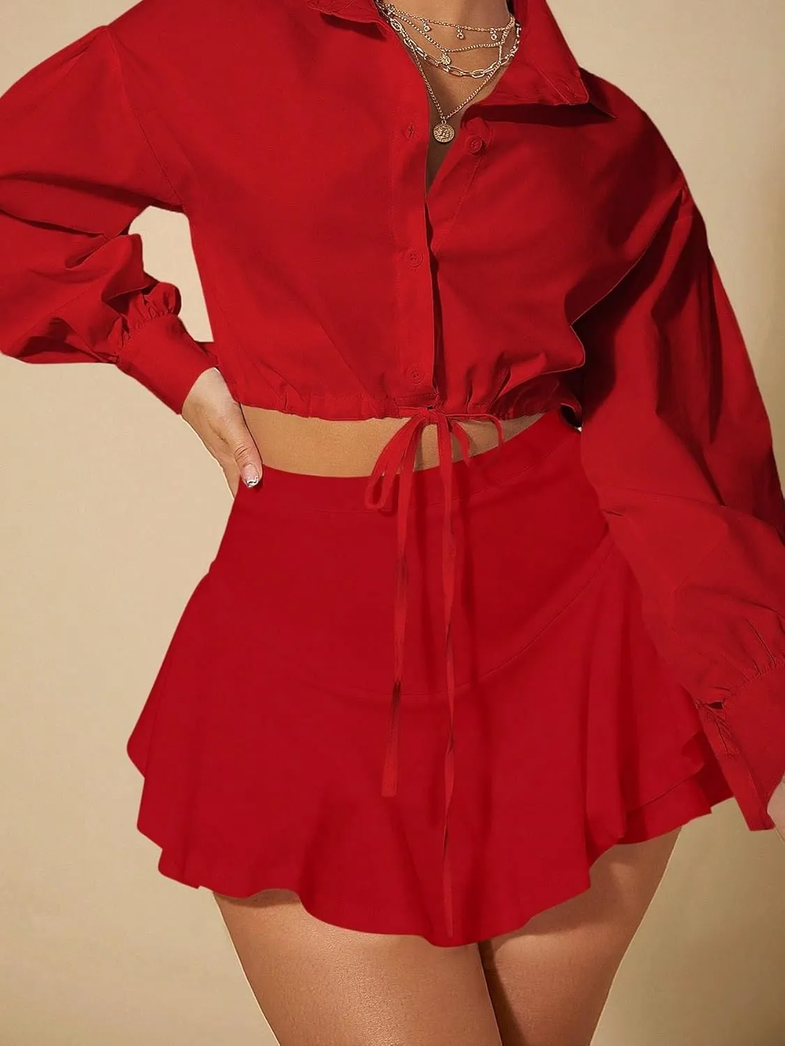 Women 2025 Summer Casual Shorts Solid Color Ruffle Hem Skort