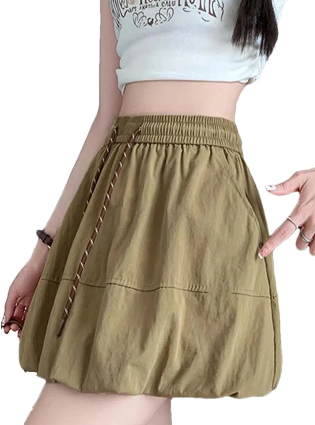 Women Cargo Style High Waisted Lantern Mini Skirt Drawstring Casual Vintage Sexy A-Line Skirt