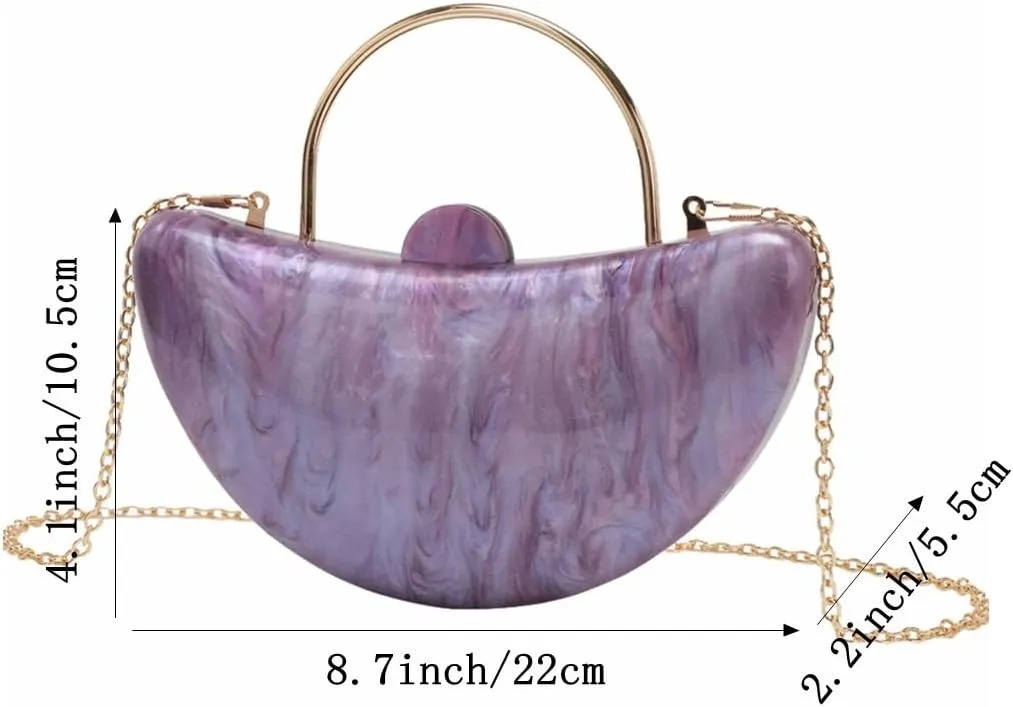 Women Cute Crescent Acrylic Handle Evening Bag Moon Marbling Clutch Purse with Removable Chain for Dating Traveling