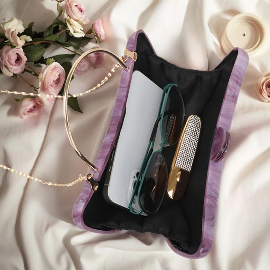 Women Cute Crescent Acrylic Handle Evening Bag Moon Marbling Clutch Purse with Removable Chain for Dating Traveling