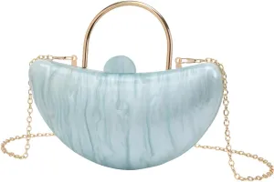 Women Cute Crescent Acrylic Handle Evening Bag Moon Marbling Clutch Purse with Removable Chain for Dating Traveling