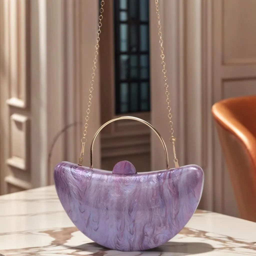Women Cute Crescent Acrylic Handle Evening Bag Moon Marbling Clutch Purse with Removable Chain for Dating Traveling