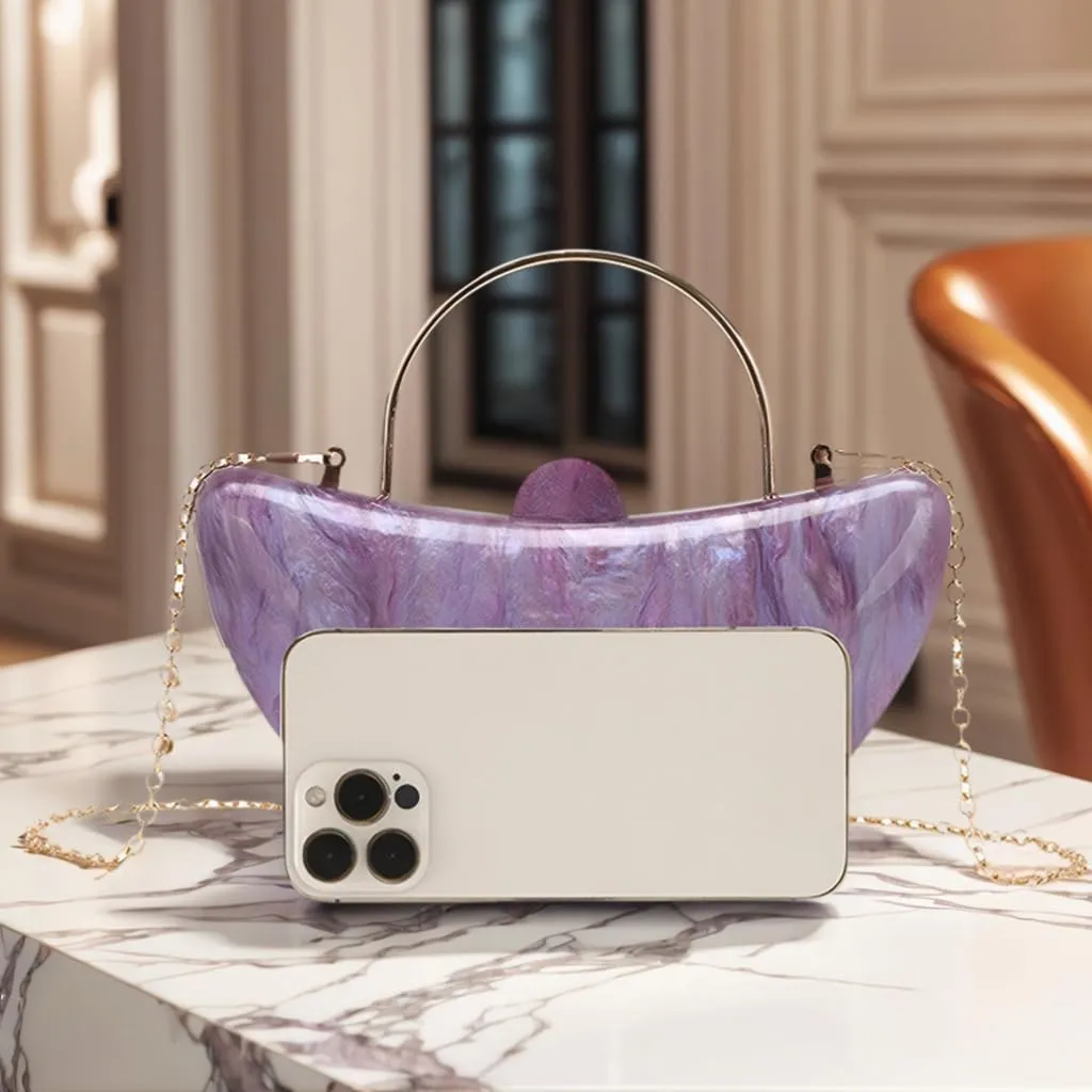 Women Cute Crescent Acrylic Handle Evening Bag Moon Marbling Clutch Purse with Removable Chain for Dating Traveling